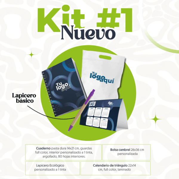 KIT 1 | CUADERNO - LAPICERO ECOLÓGICO - CALENDARIO DE TRIÁNGULO - BOLSA CAMBREL